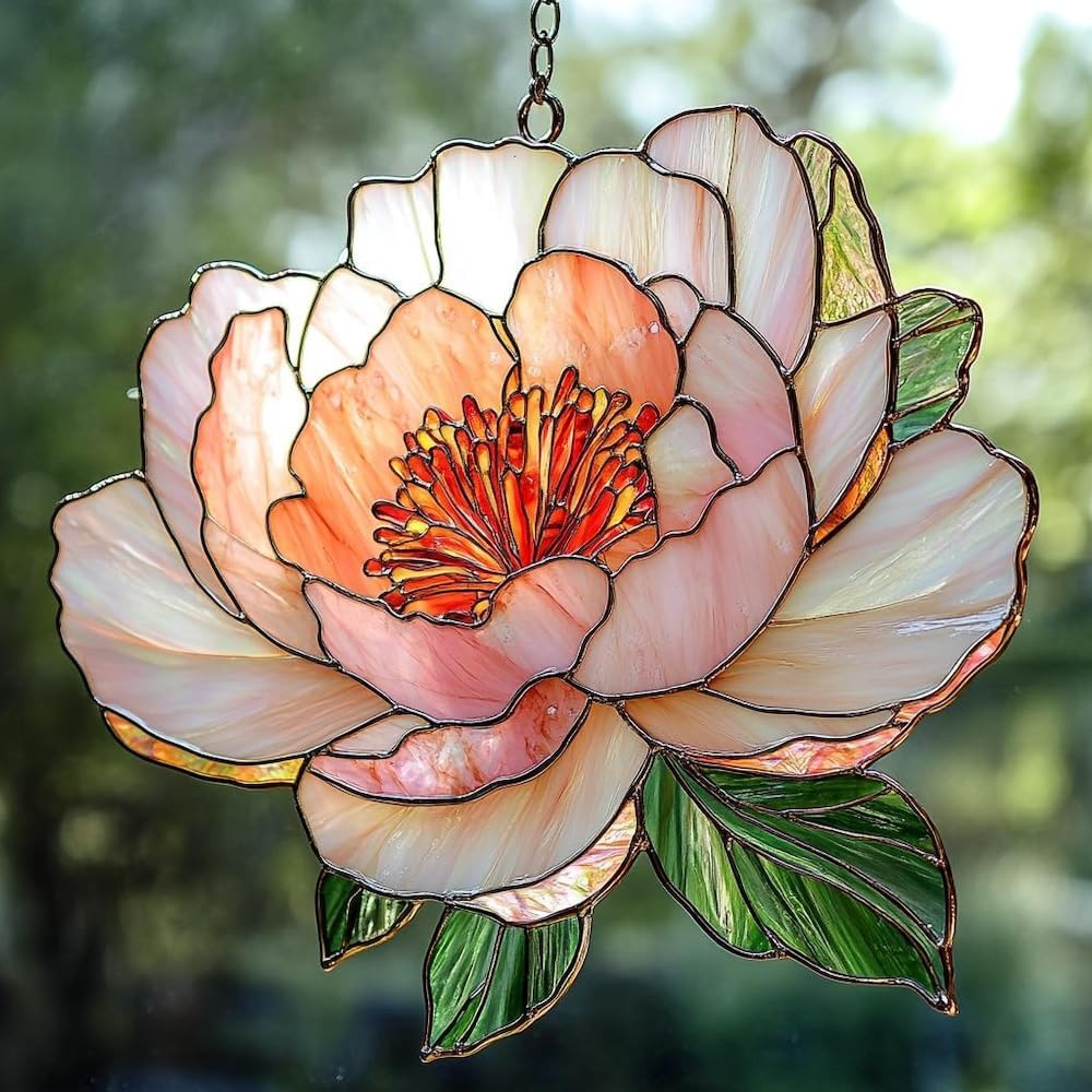 Peony Birth Flower Acrylic Suncatcher Faux Stained Glass Window Hanging Birthday Gift Floral Gift for Plant Lovers