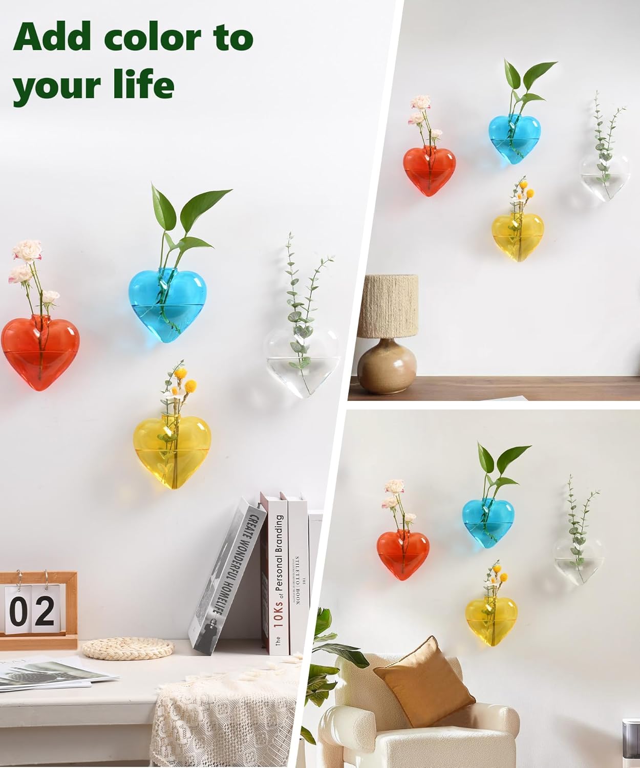 Nacome Wall Hanging Glass Planter Terrarium Plant Propagation Station, 4 Pack Heart Shape Vase for Hydroponic Home Office Garden Decor,Unique Gardening Gifts for Plant Lovers Women Mom(Colored)