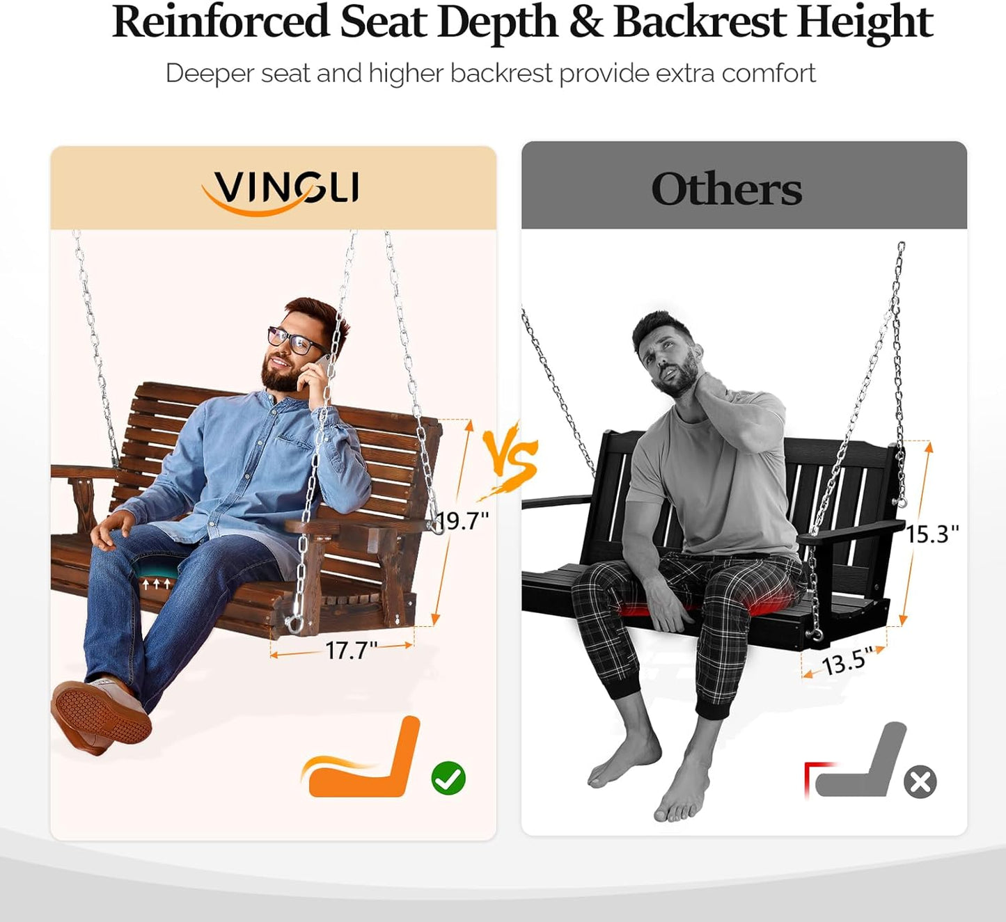 VINGLI XL Size Patio Wooden Porch Swing Outdoor with Cup Holders, Heavy Duty 880 LBS Hanging Swing Chair Bench with Hanging Chains for Yard, Lawn, Garden (4 FT Pro, Rustic)