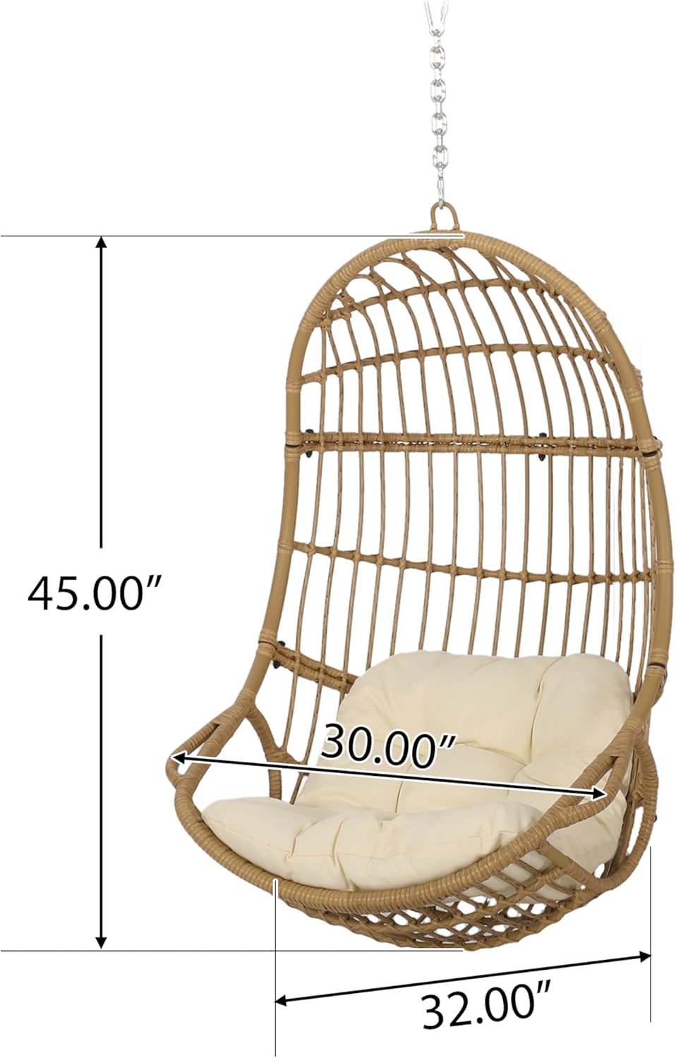 Christopher Knight Home Mariah Wicker Hanging Chair with Cushion, Outdoor Indoor Basket Chair, Boho Garden Lounger Porch Swing Furniture, Modern Patio Decor, Light Brown and Beige