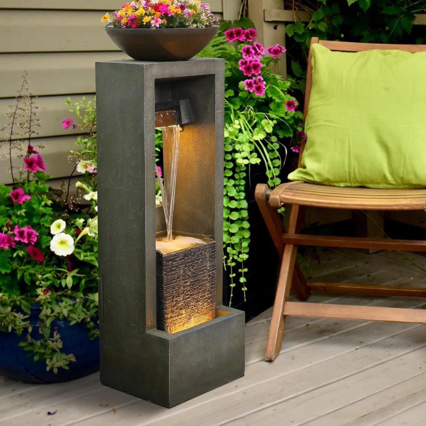 Outdoor Water Fountain Jar Water Feature for Garden Floor Standing Fountains Resin Cascading Waterfall with Pump and Lights for Patio Yard Deck Home Decor, 41 inches Tall