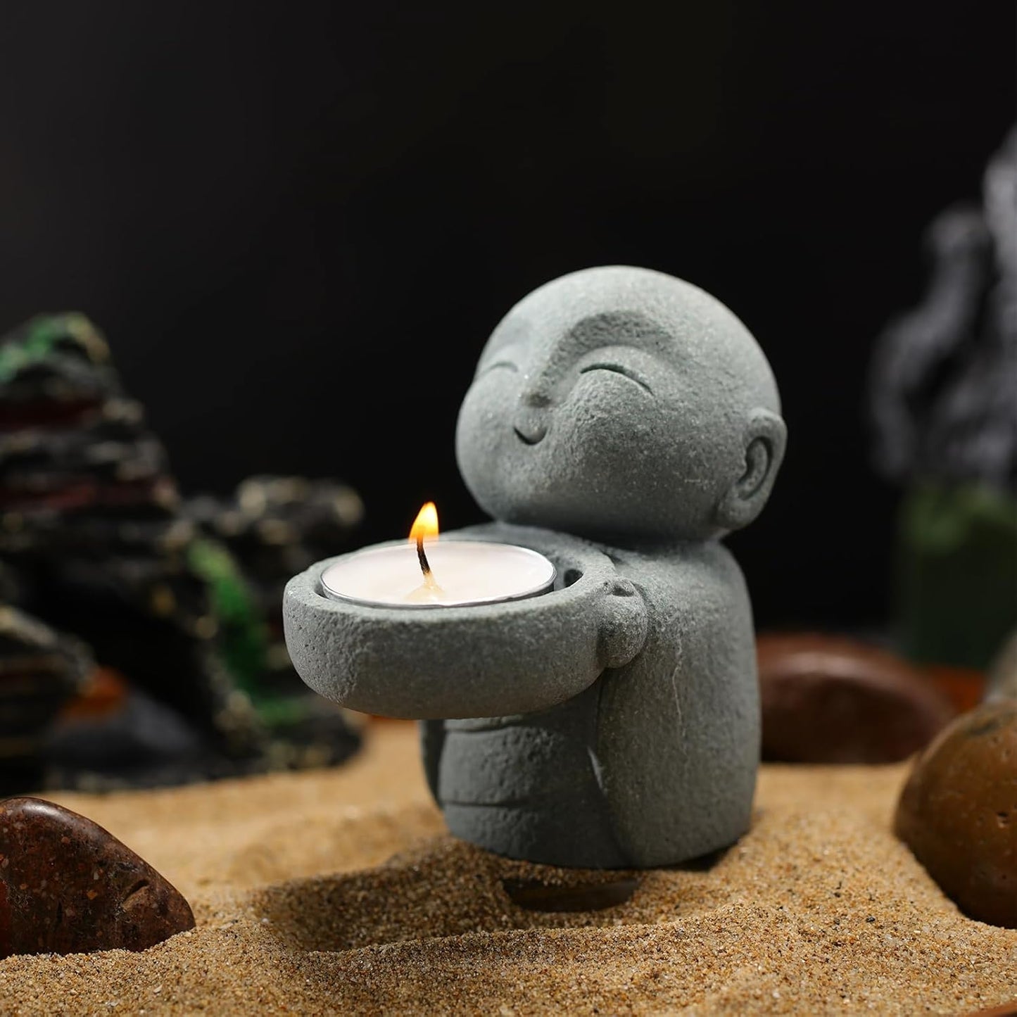 Buddha Sandstone Statues, Zen Monk Praying Statue Sculptures Ornament for Wealth Good Luck Feng Shui Decor Home Office Car Decoration(Jizo Monk)
