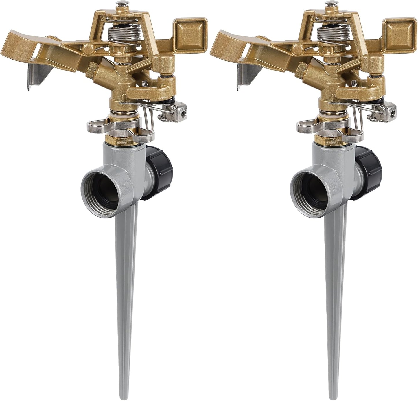 Biswing 2 Pack Impact Sprinklers with Stand (Spike), Heavy Duty Zinc Alloy Lawn Sprinkler Head on Spike Base, Adjustable Watering Sprinkler for Large Area Grass Yards Patio Garden Irrigation