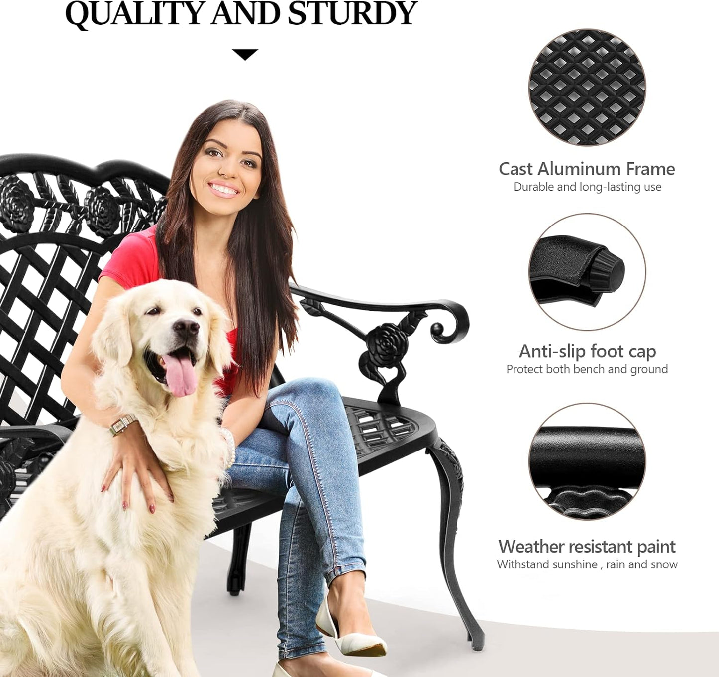 VINGLI 42.5" Outdoor Bench, Antique Cast Aluminum Front Porch Bench Metal Garden Benches Cast Iron Benches 2-3 People Seating (Black)