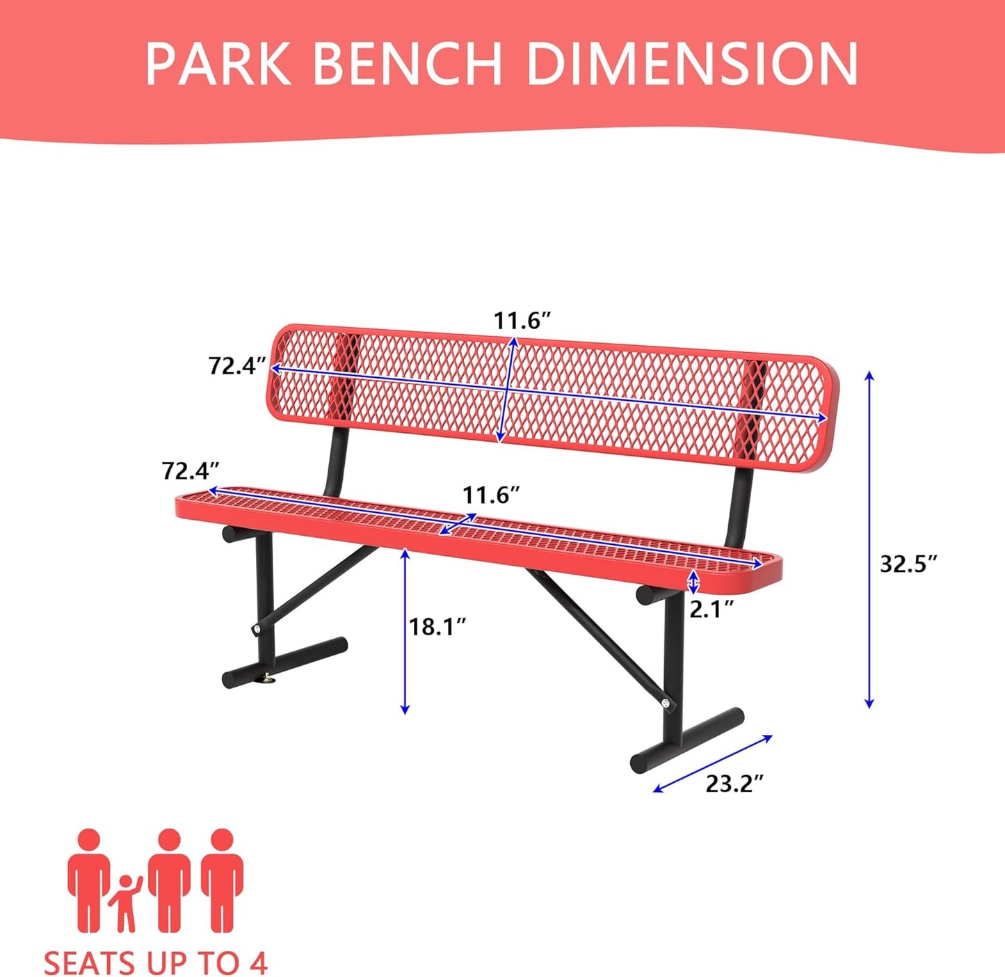 4/6/8 Feet Park Bench for Outside Heavy Duty Metal, Garden Benches Outdoor Bench with Backrest & Portable Frame, for Shopping Malls Stores Parks Patios Decks, Red
