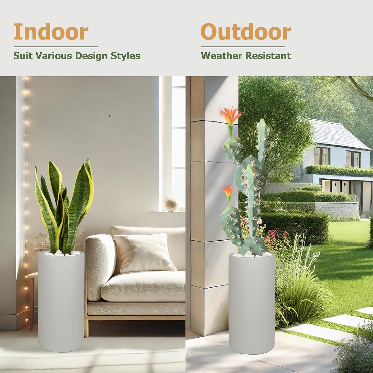 19.5" H x 9.8" D Tubo Fiberstone Cylinder Tall Planter with Drainage Hole, Smooth Finishes, for Indoor and Outdoor Use, Included 2 Extra Coco Mats (Light French Gray, 8.2" Pot Opening)