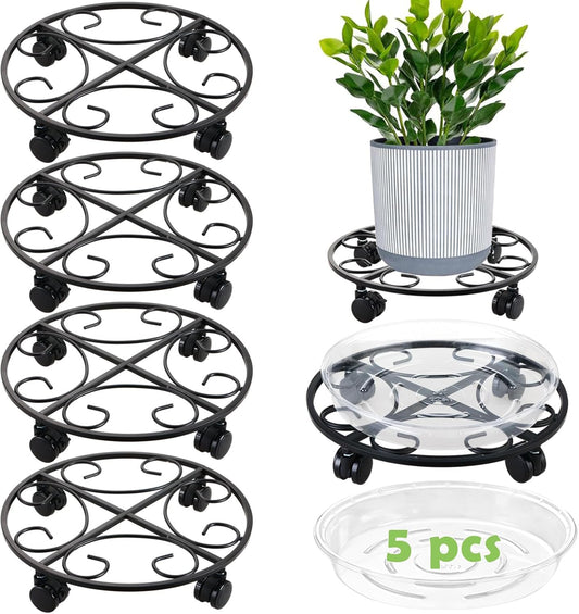 12" Metal Plant Caddy with Wheels 5 Packs Rolling Plant Stands Indoor Wheeled Plant Dolly Heavy-duty Pot Mover Roller Base Outdoor Plant Trolley Cart with Brake Casters Water-proof Dust-proof, Black