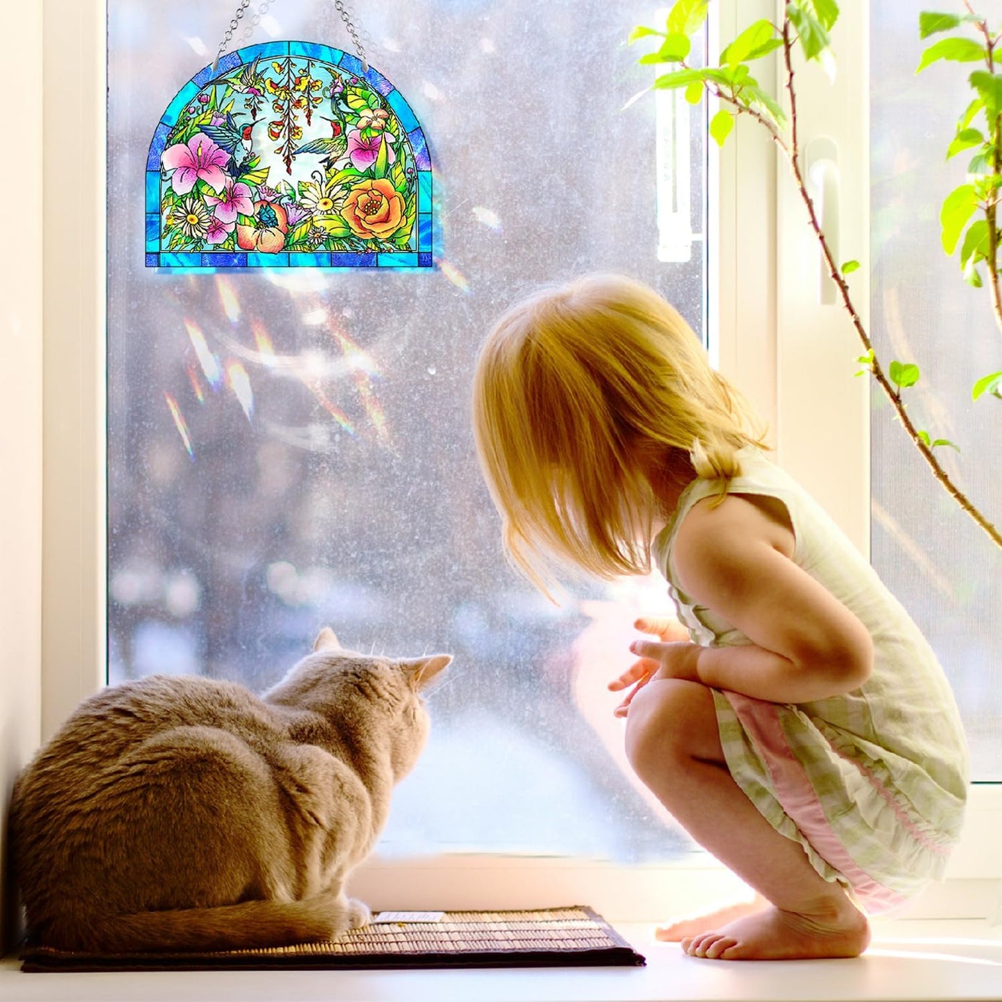 Hummingbird Stained Glass Suncatcher, Stained Glass Birds Suncatcher Window Hanging, Unique Hummingbird Gifts for Bird Lover