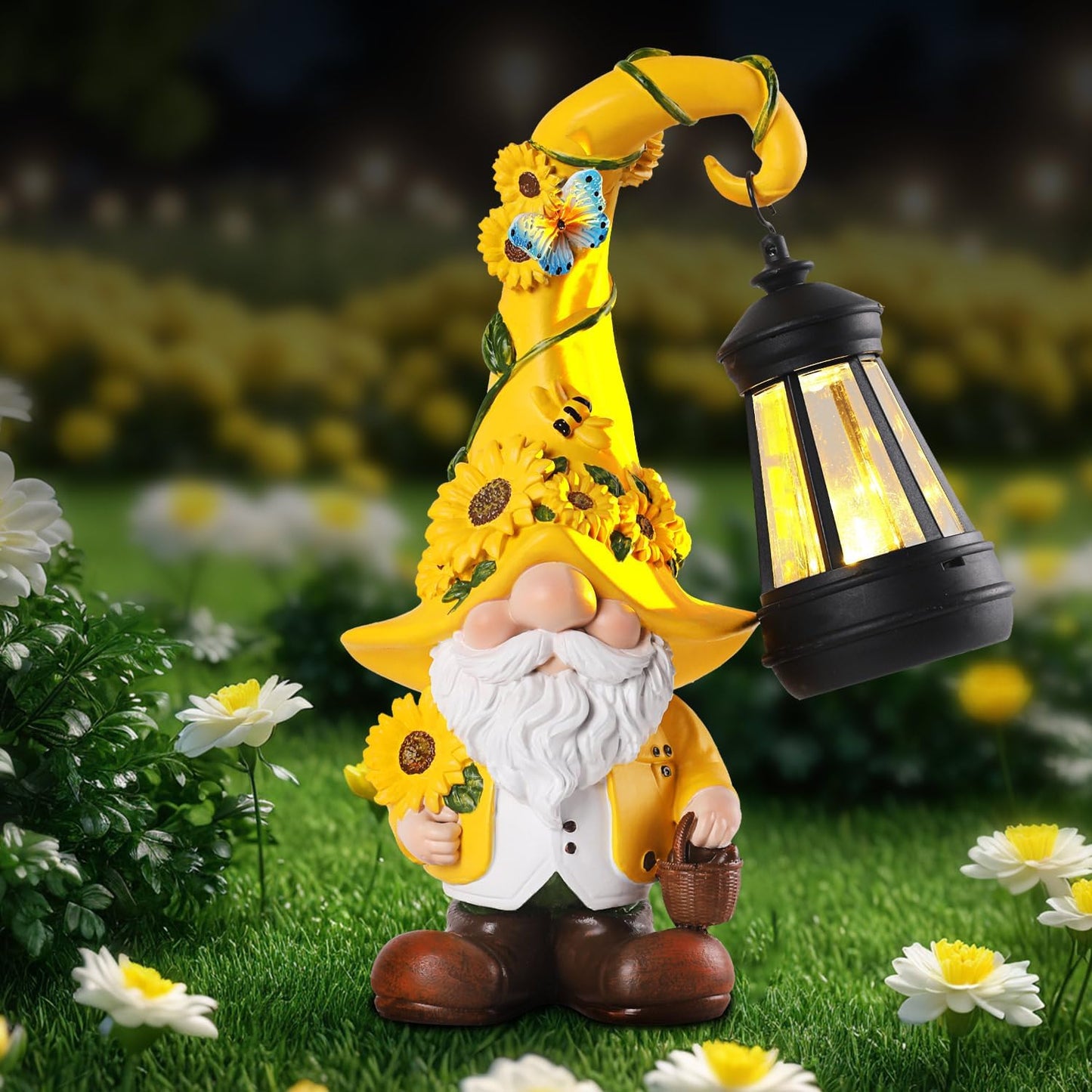Solar Garden Decor - Sunflower Gnome Statue with Lantern 9.1" Garden Gnomes Outdoor Funny Solar Statues Yard Porch Lawn Patio Decor Gardening Gift for Women Mom Grandma Wife Girlfriend
