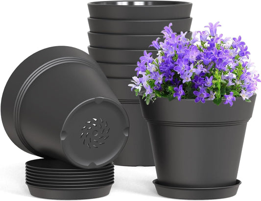 4 Inch Plastic Plant Pots with Drainage Holes and Trays – 8 Pack Small Nursery Pots for Indoor & Outdoor House Plants and Flowers, Seedling Starter Planters, Matte Black