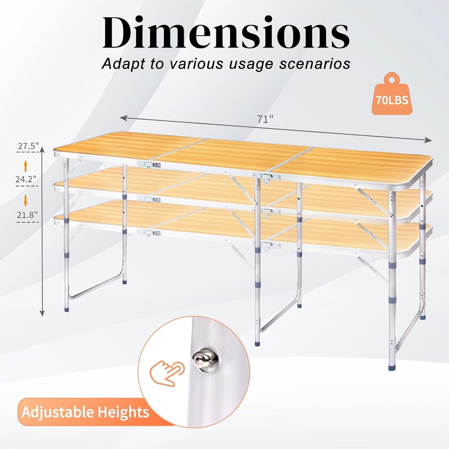 6.0 Ft Folding Portable Camping Table with Three Adjustable Heights, Tri-fold Outdoor Table, Outdoor Camping Kitchen, BBQ, Dining, Picnic, Cooking, Beach, Garden, Yellow