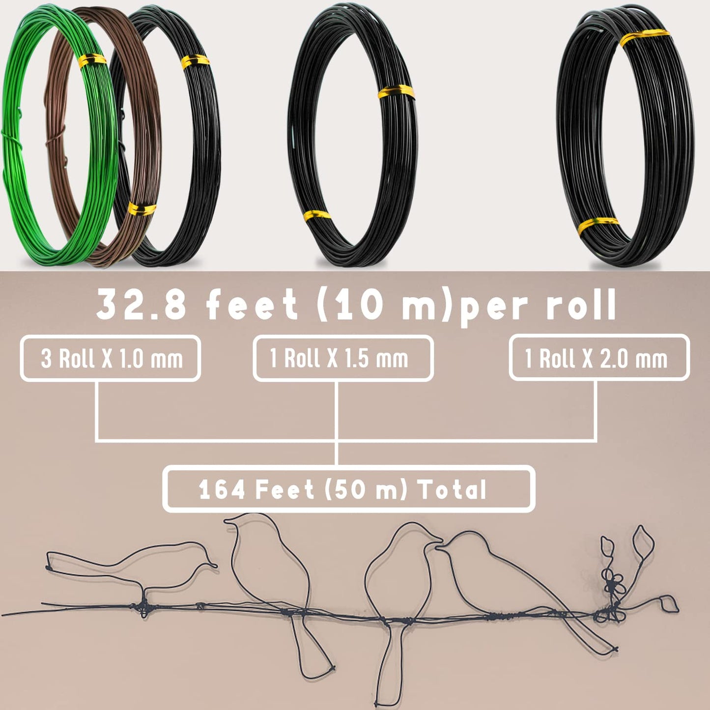 Sanlykate Bonsai Wire Tool Kit with Cutter, 5 Roll Tree Training Wires 164 Feet Total, 1.0mm, 1.5mm, 2.0mm Anodized Aluminum Wire Set, Hold Plant Branches Trunks (Black, Green, Brown)