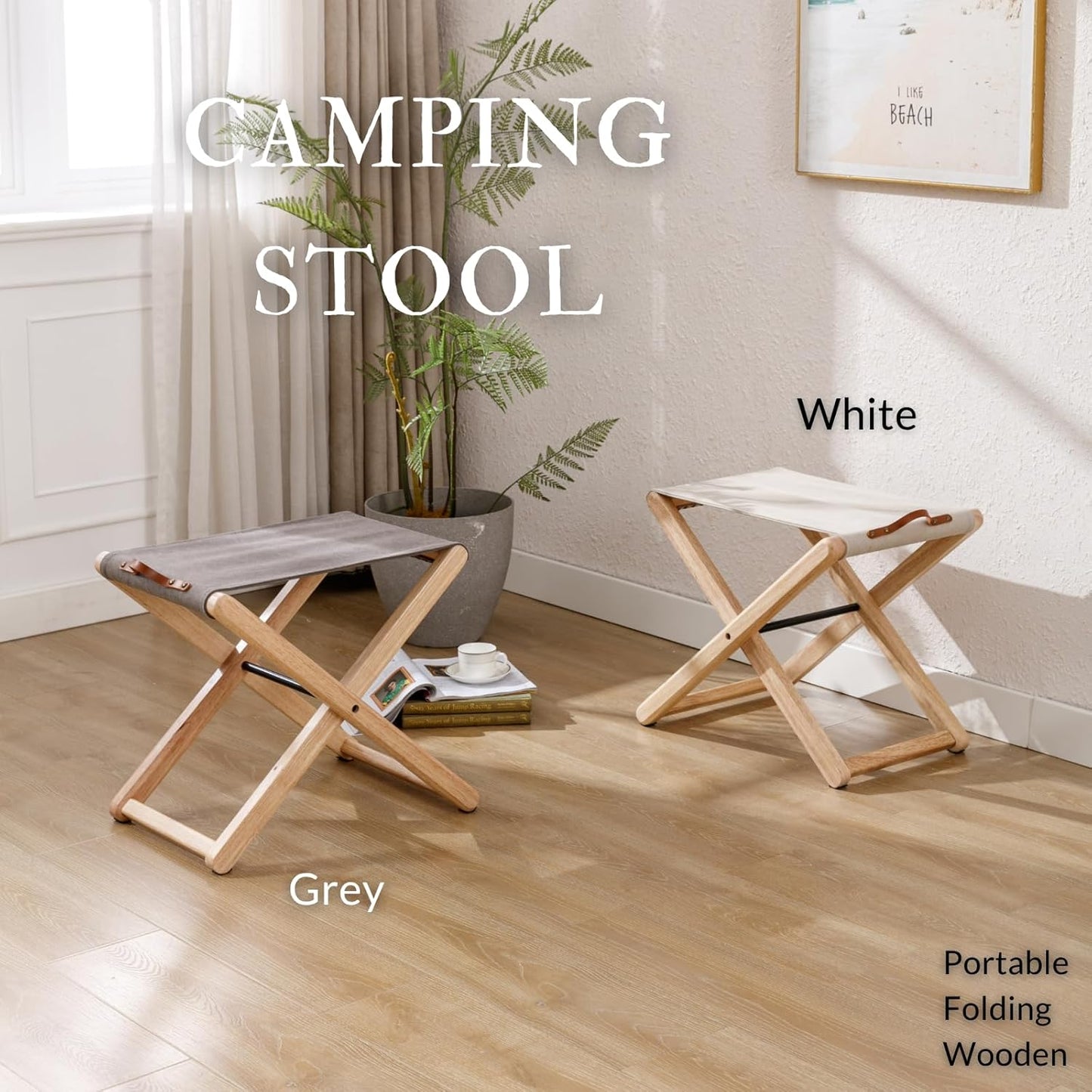Folding Canvas Camp Stools Set of 4, Wood Folding Camping Stool Patio Portable Foot Stool for Garden Outdoor Fishing Picnic Travel BBQ, Grey