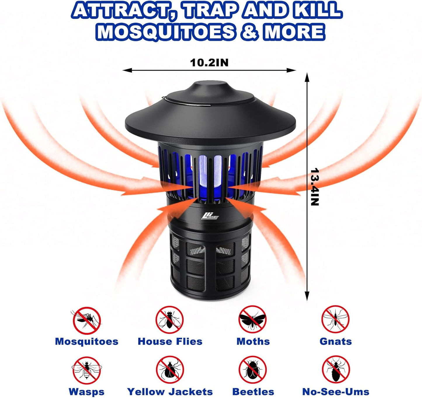Wisely Fly Traps Outdoor - Rechargeable Cordless Flying Insect Trap IPX4 Waterproof with LED Light Adjustable - Catch Mosquitoes, Flies, Gnats, Wasps for Patio,Camping,Living Room,Home - Black