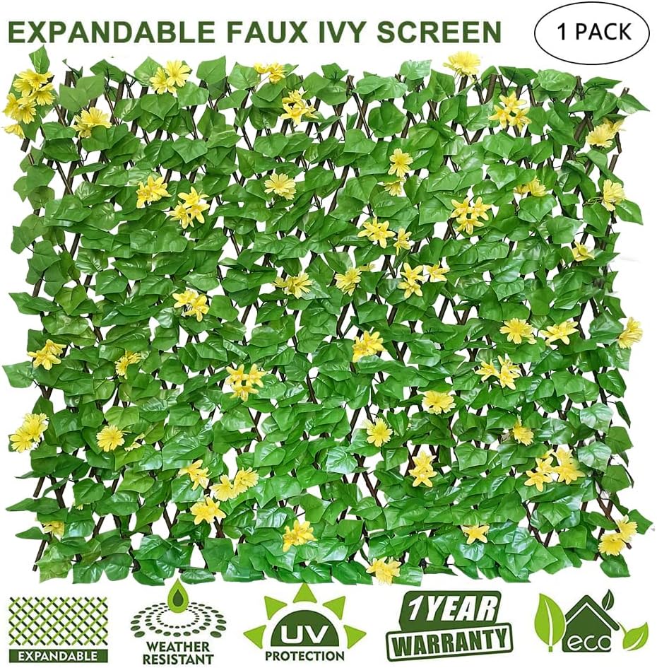 Expandable Fence Privacy Screen for Balcony Patio Outdoor,Decorative Faux Ivy Fencing Panel,Artificial Hedges (Single Sided Leaves) (1, Yellow Flowers)