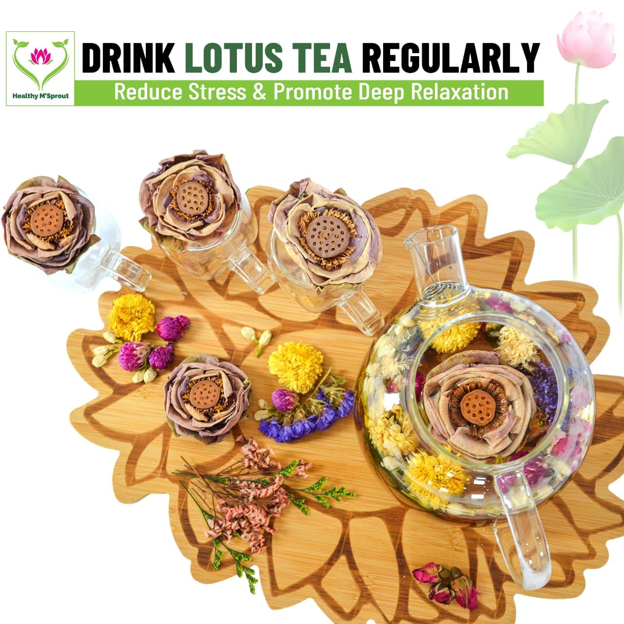 Lotus Flower Tea – Dried Whole Blossom – Antioxidant Rich Herbal Tea for Teapot, Tea Infuser, Tea Cups – Delicious Intense Flavor – No Caffeine, Low Calorie (5 Lotus Packs)