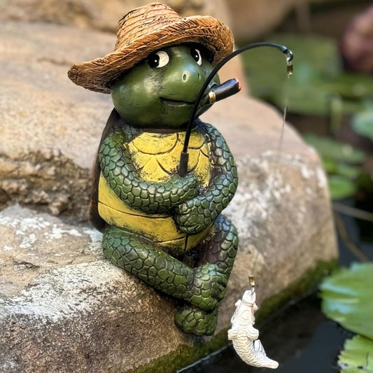 Turtle Decoration for Yard Outdoor Garden Decor 9.7 Inch Tall Fishing Turtle Statue for Koi Pond, Waterfalls or Poolside Ornaments, Fisher Animals Pond Decor, Gift for Mom & Women
