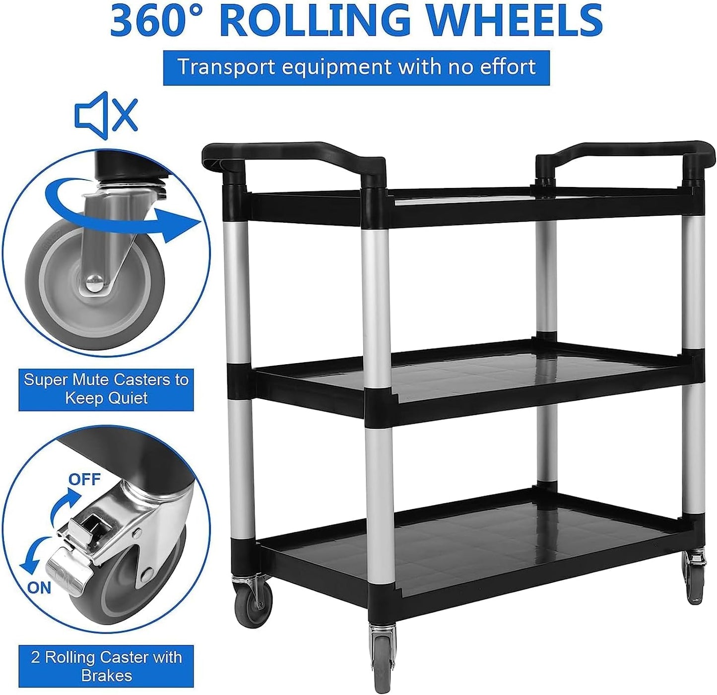 3-Shelf Heavy Duty Rolling Utility Cart 360 Lbs Capacity – 42" Wx20 Dx39 H Black Cart with Lockable 360° Swivel Wheels | Easy Maneuverability for Restaurant, Foodservice & Cleaning