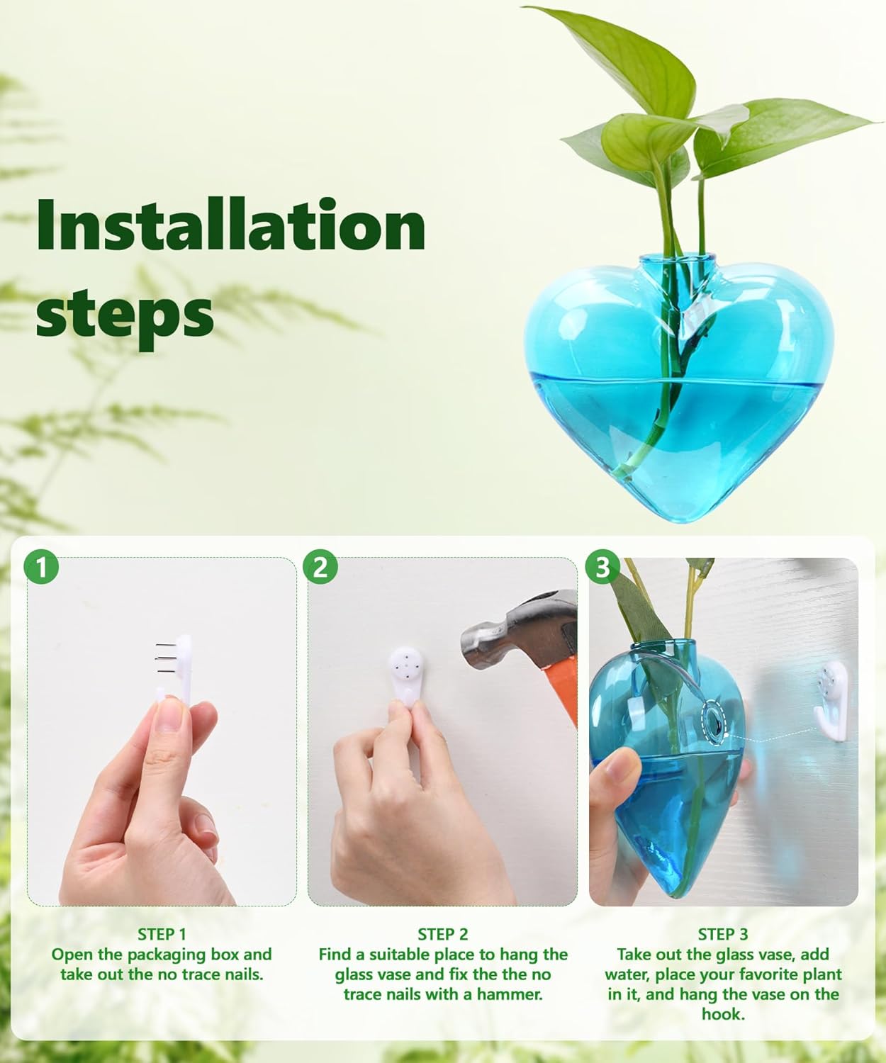 Nacome Wall Hanging Glass Planter Terrarium Plant Propagation Station, 4 Pack Heart Shape Vase for Hydroponic Home Office Garden Decor,Unique Gardening Gifts for Plant Lovers Women Mom(Blue)