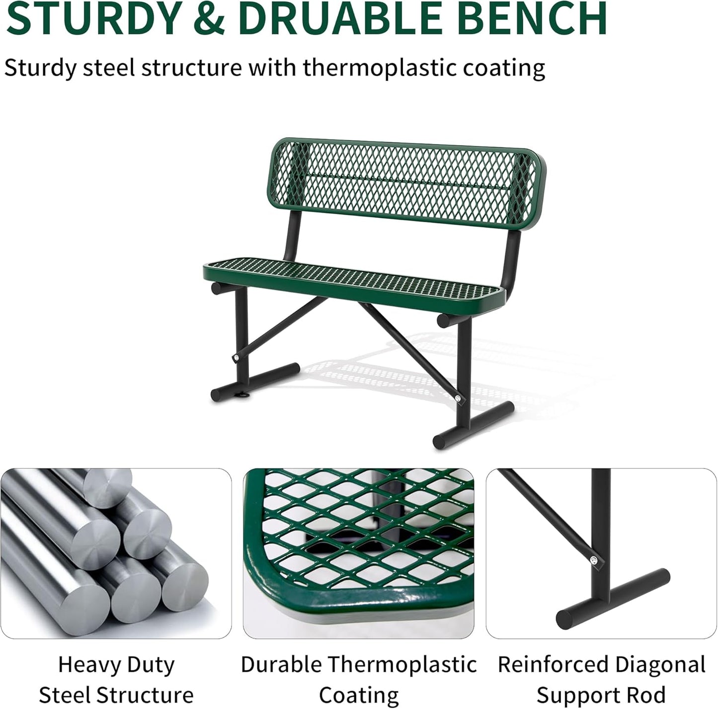 4/6/8 Feet Park Bench for Outside Heavy Duty Metal, Garden Benches Outdoor Bench with Backrest & Portable Frame, for Shopping Malls Stores Parks Patios Decks, Green