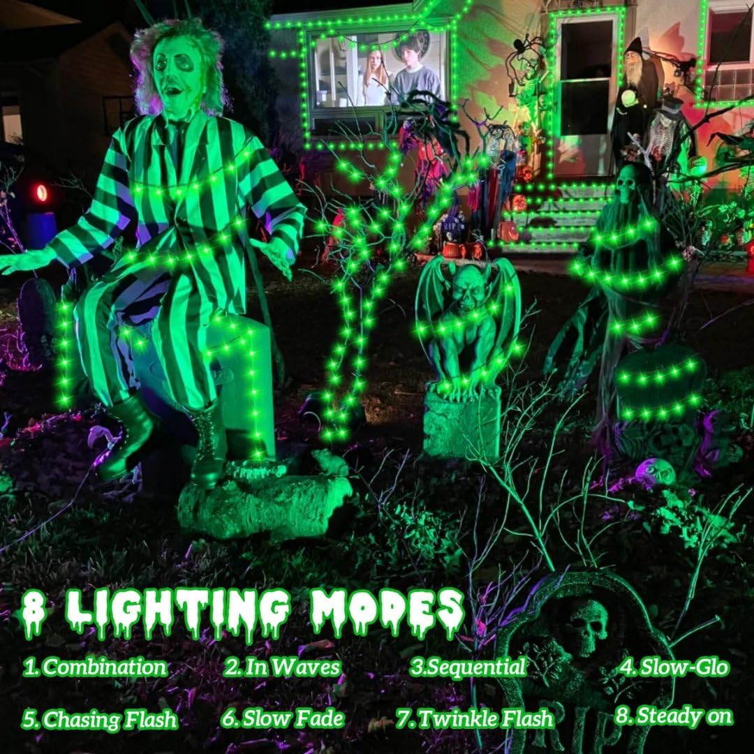 QITONG 4 Pack Green Solar Fairy Lights, Each 33ft 100 LED Halloween Lights Outdoor Waterproof, 8 Modes Silver Wire Christmas String Lights