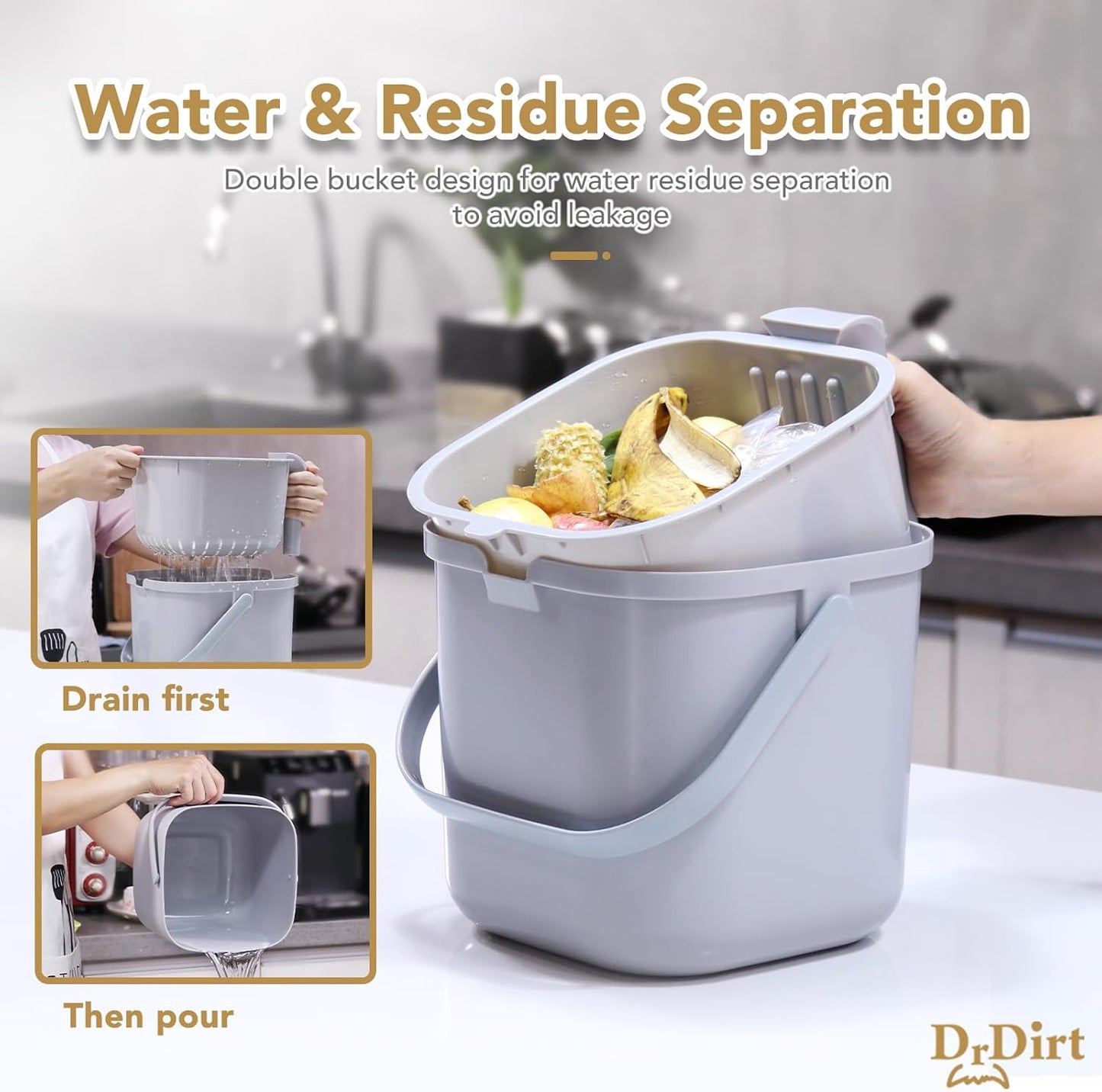 DrDirt Kitchen Compost Bin, 7L(1.85 Gal) Kitchen Compost Bin Countertop with Sealed Silicone Ring Lid, Odor-Control, Liquid Separation, Easy to Clean, for Cooking Family and Home Party, Gray