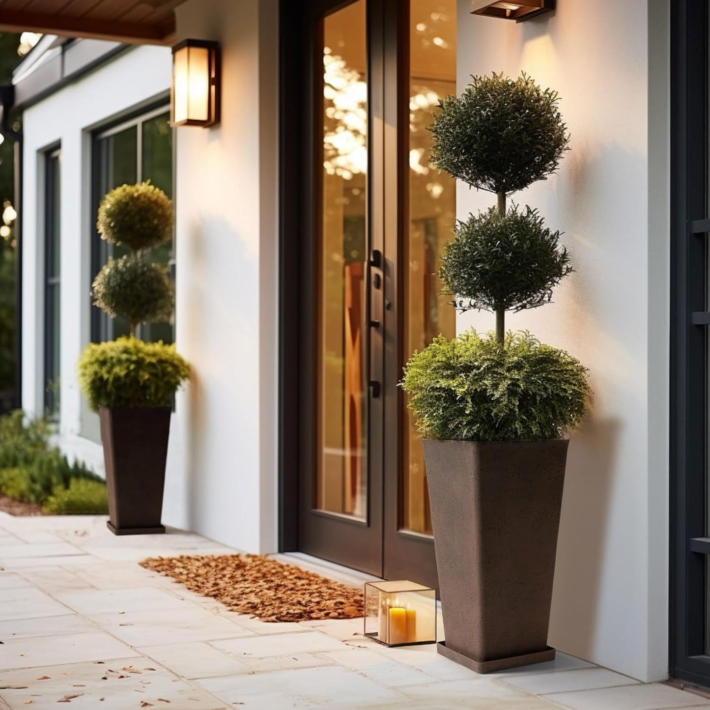 LA JOLIE MUSE 26 inch Tall Planters for Outdoor Plants,Set of 2 Tapered Planters with Trays,Iron Plastic Rectangular Tall Planters for Front Door, Patio and Deck, 26'' Iron With Tray