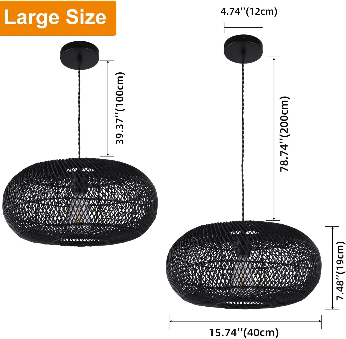 Rattan Pendant Light 15.75" 1-Light Hand-Woven Bamboo Rattan Hanging Lamp Large Globe Wicker Chandelier Modern Bohemian Adjustable Pendant Lamp for Kitchen Island Farmhouse Outdoor Porch Black.…