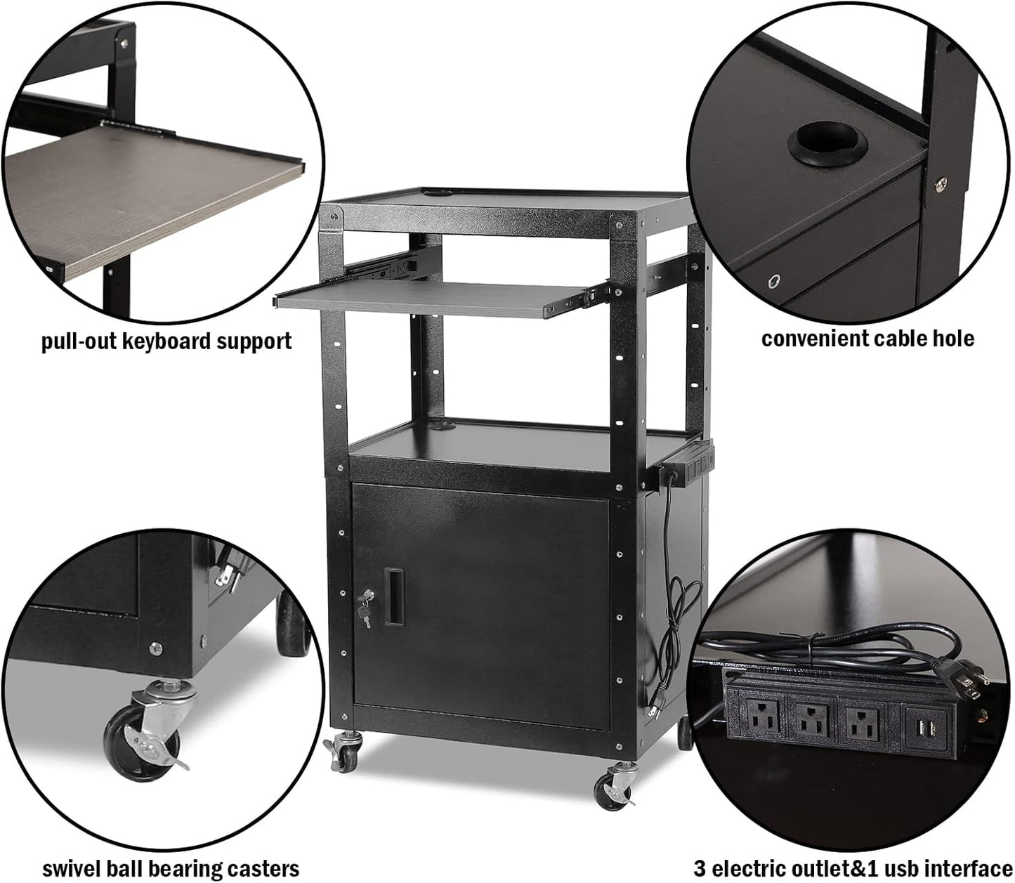 AV Carts, Rolling Presentation Cart Station, Height Adjustable Media Cart for Video Projector, TV, Printers, Computers with 1 Storage Locking Cabinet, 1 Sliding Keyboard Tray, 3 Outlets, 2 USB Ports