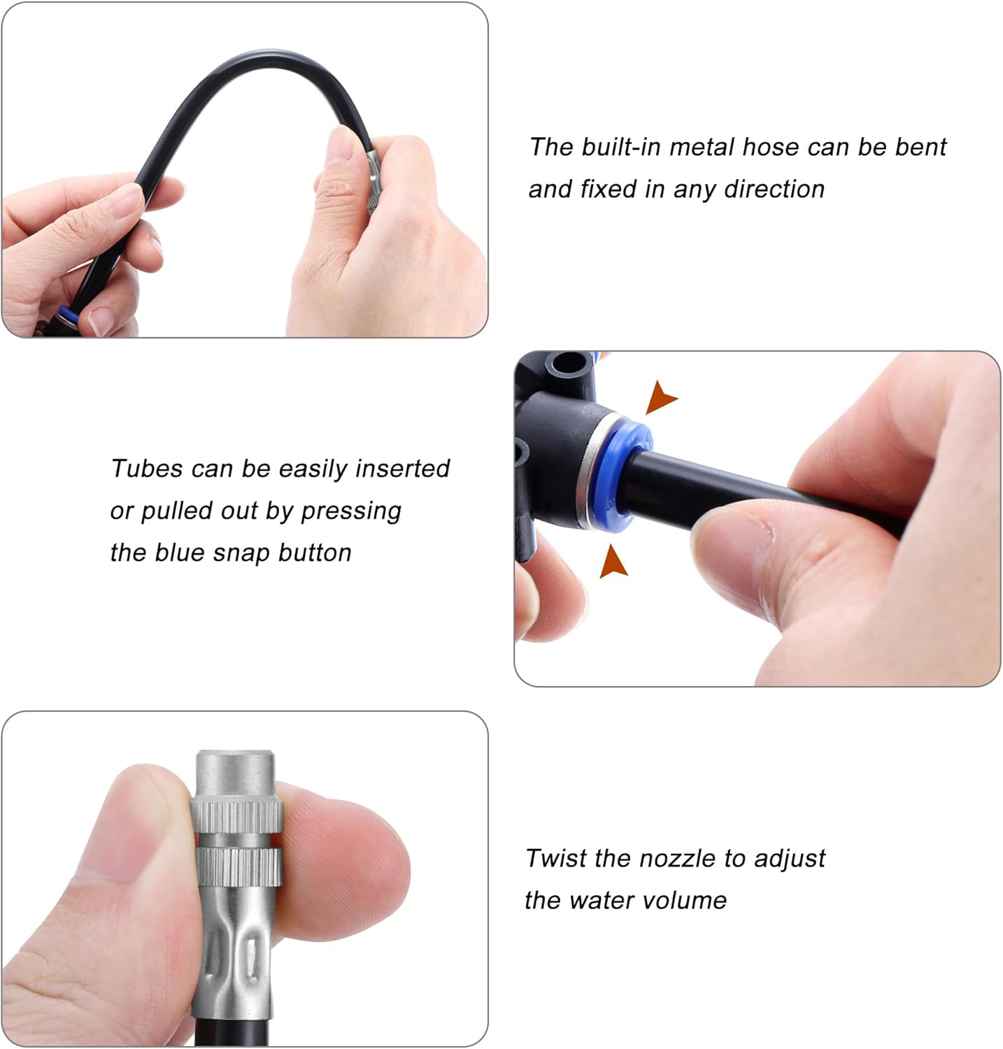 Mornajina 5 Packs Brass Misting Nozzles Tee with 20 inch Built in Hose for Outside Misting System, Adjustable 360° Rotation, Water Mister Nozzles Thread Sprayer 0.043" (1.1 mm)