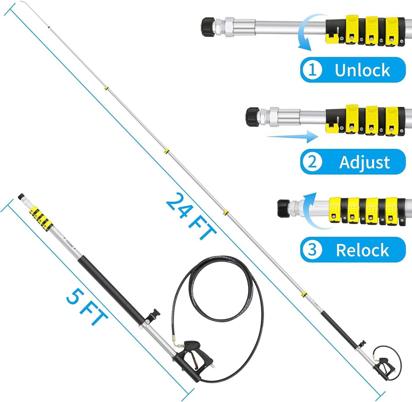 24FT Telescoping Pressure Washer Extension Wand, Aluminum Power Washer Extension Wand, Solar Panel Cleaner Pole with Brush Head, 7 Nozzle Tips, 3 Adapters, Support Belt