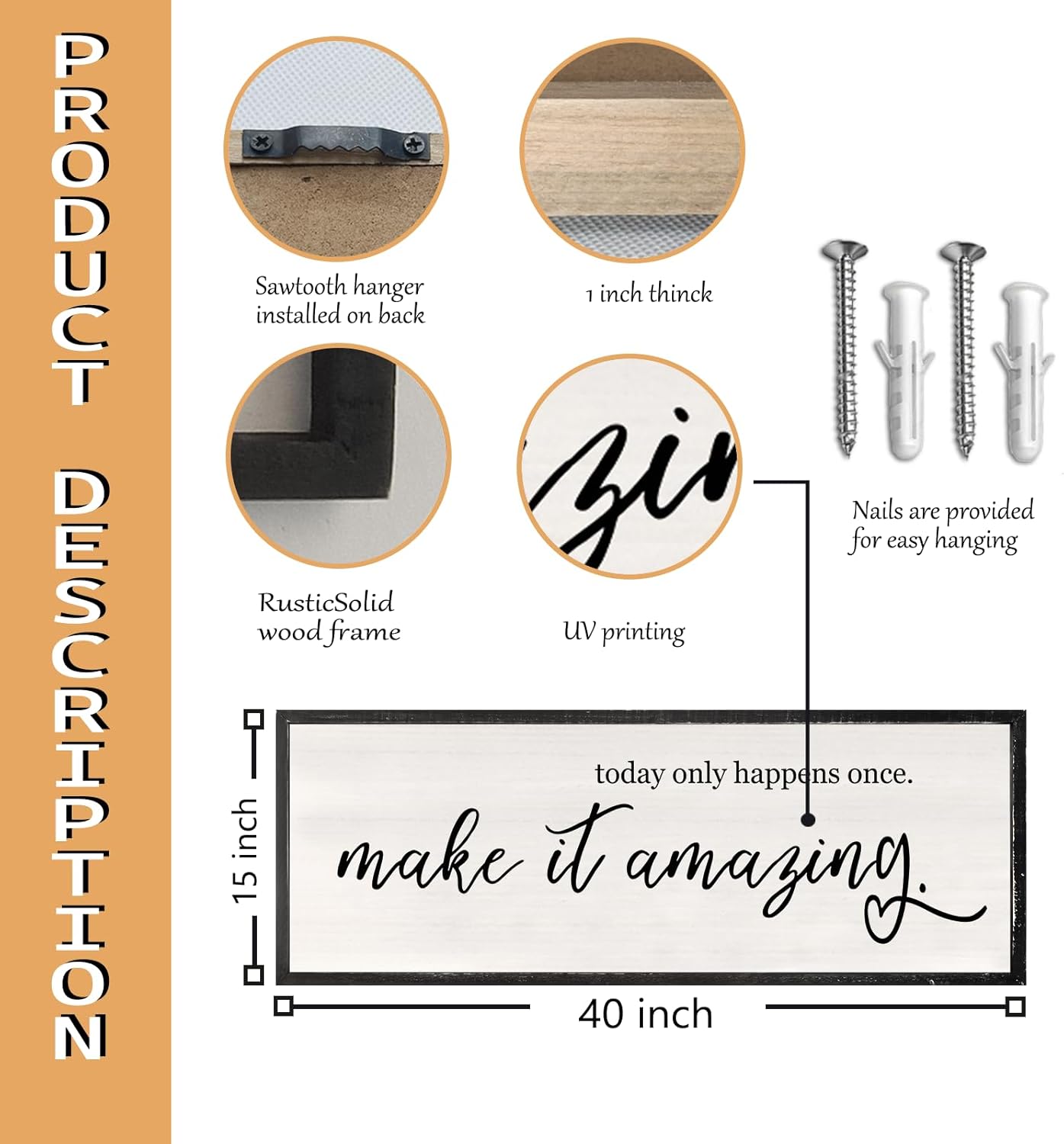 Today Only Happens Once Make It Amazing Wall Art Decor 40x15 Inch Large Inspirational Quote Sign Rustic Living Room Vintage Wood Frame Office Motivational Home Wall Hanging (Black)