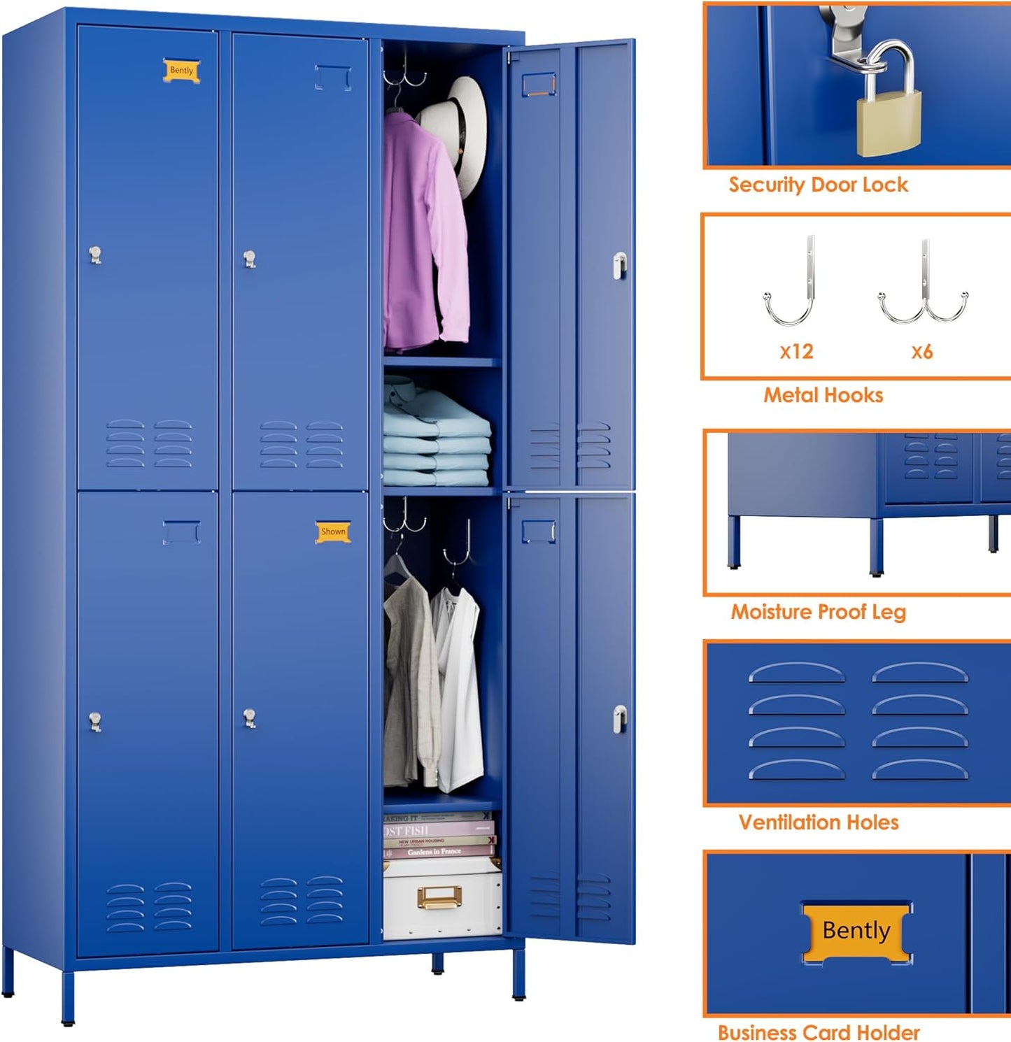 6 Doors Metal Lockers for Employees with 6 Shelves and 18 Hooks, Storage Locker with Business Card Holder for Office Gym School Bedroom, Assembly Required, Blue
