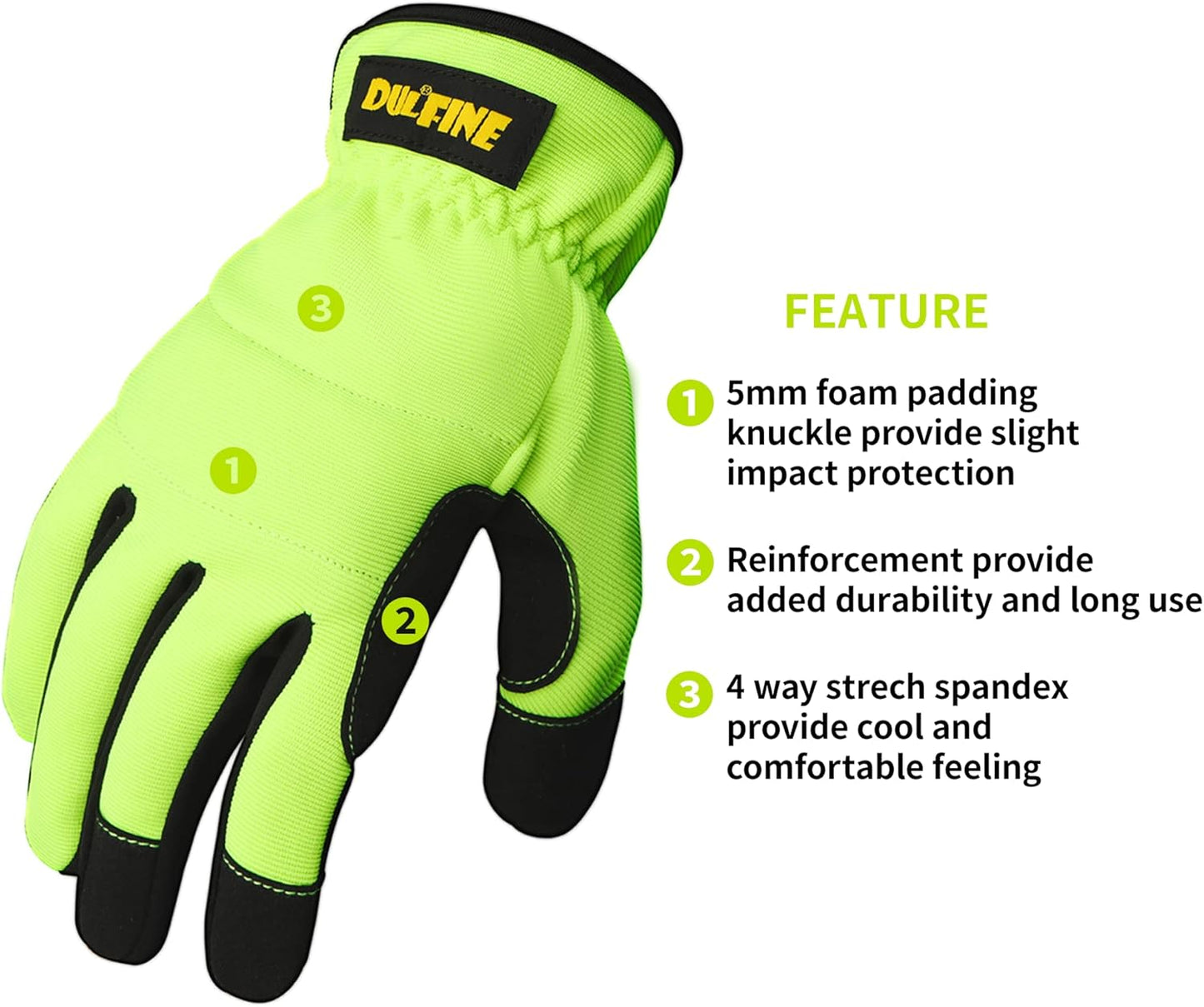 DULFINE High Performance Work Gloves For Men(3 Pairs Pack),Hi-Vis Yellow Color,High Dexterity Touch Screen For Multipurpose,Excellent Grip (Medium)