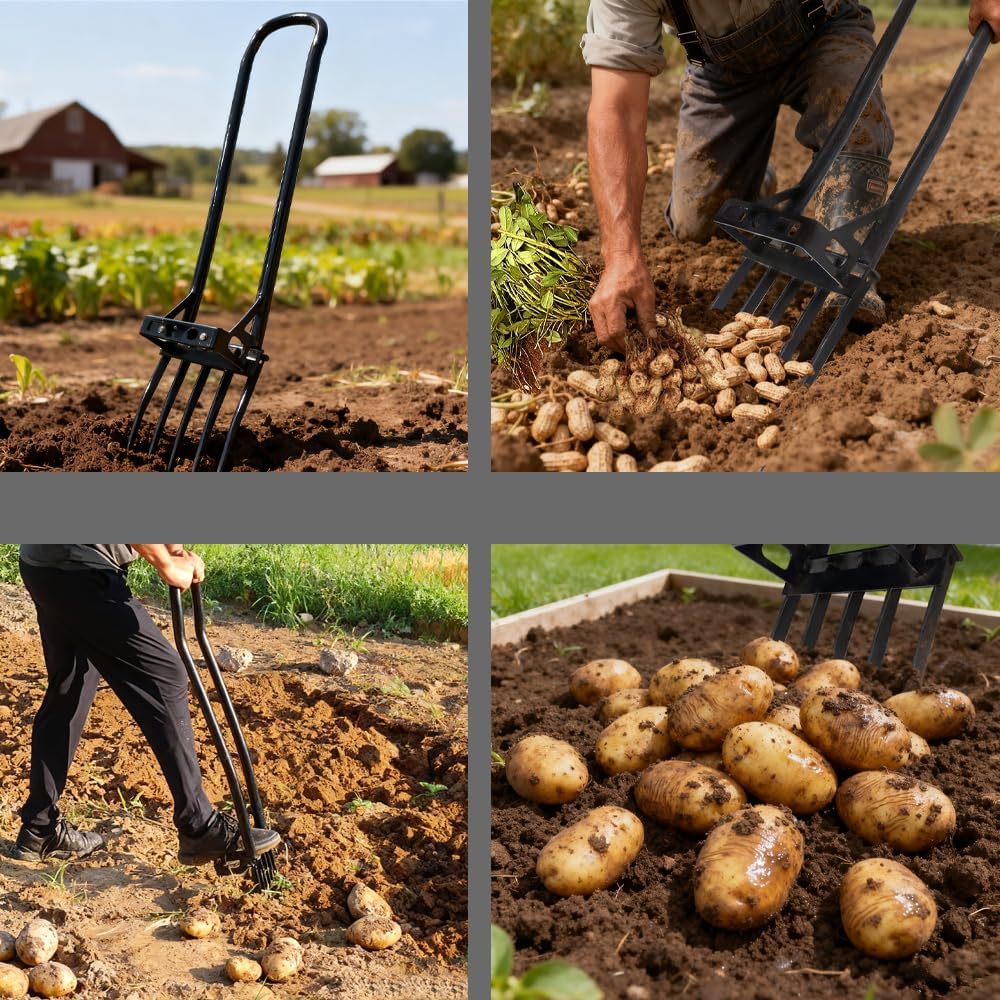 Heavy Duty Broadfork, 46“ Steel Long Handle Garden Broad Fork, Composting Aeration Transplanting Tiller Weeder, Loosening Soil & Breaks up Dirt Strengthen 5 Tines