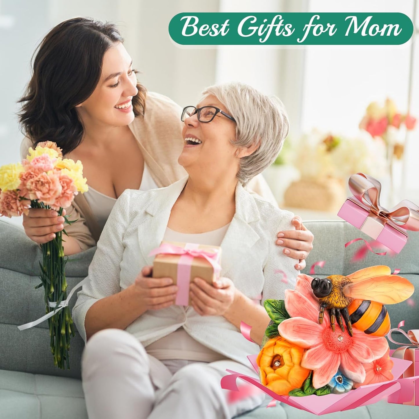 Linkax Birthday Gifts for Women Mom Grandma Sister, Solar Bee Lights Outdoor Garden Decor for Outside Patio Yard Porch Home, Honey Figurine Gardening Housewarming Gifts New Home