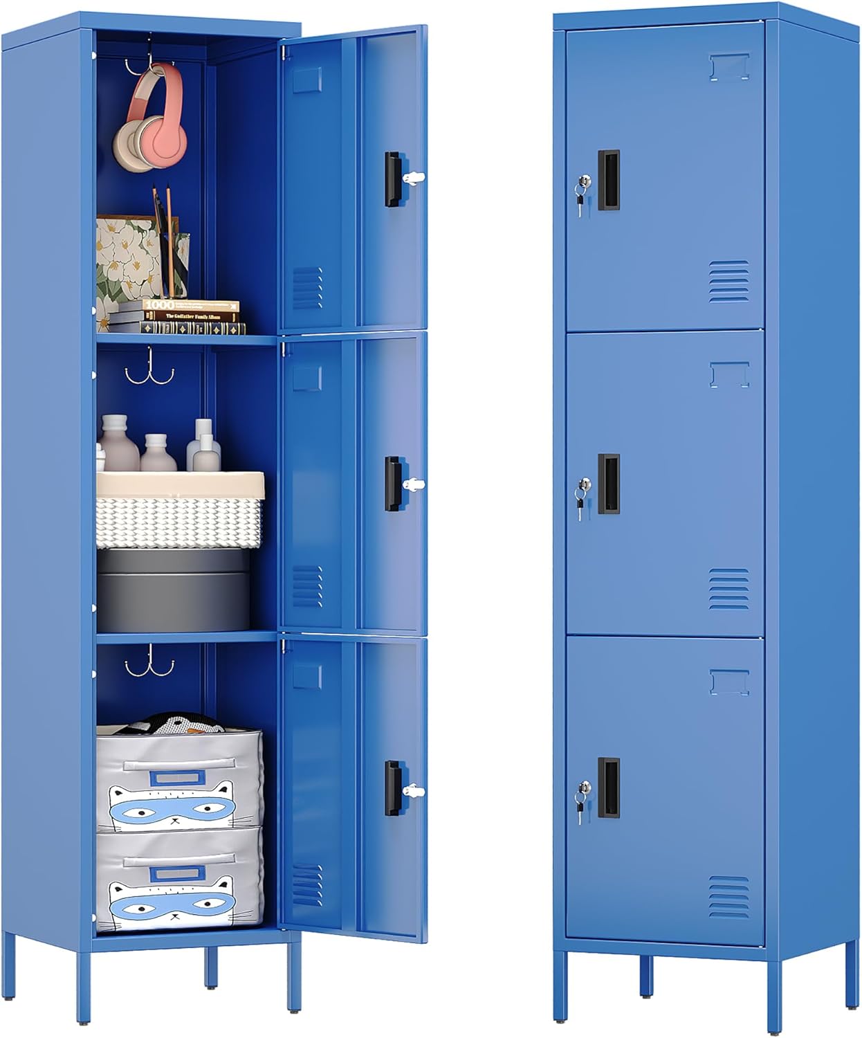 Metal Locker with Hooks and Ventilation Holes,Metal Storage Locker with Keys and Business Card Slot for Home,Gym,Garage,School,Office,66" H×15.75" W× 15.75" D,Assembly Required,Blue