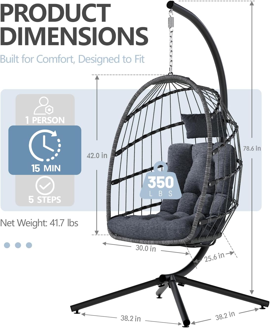 SWITTE Egg Chair Outdoor with Stand, Indoor Wicker Hanging Egg Swing Chair with Cushion, 350lbs Capacity for Patio, Bedroom, Garden - Dark Grey