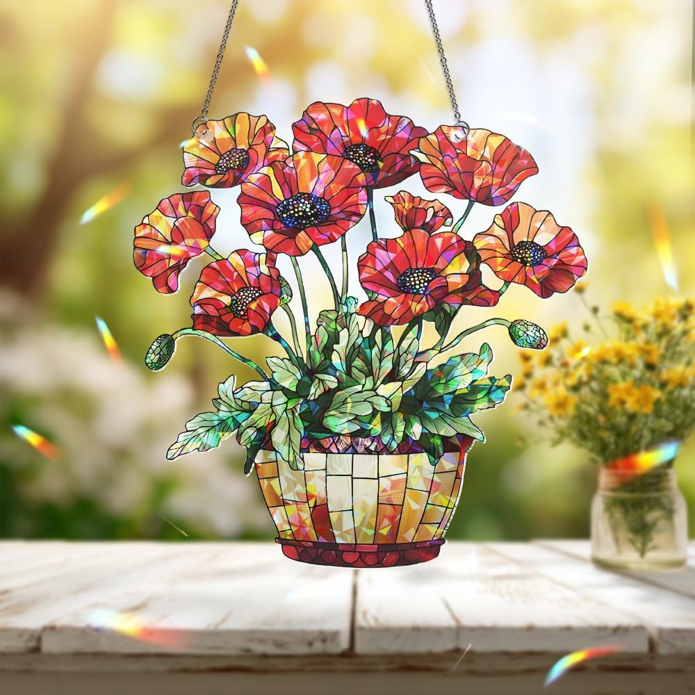 Red Poppy Flower Basket Suncatcher – Stained Glass Window Hanging, Sun Catchers Indoor Window, Ornament for Home Decor, Garden Decoration Housewarming