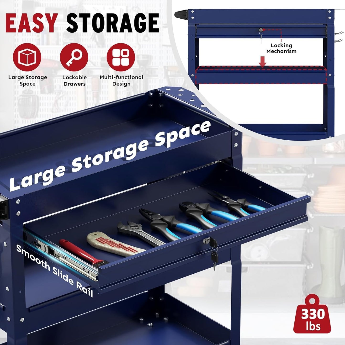 3 Tier Rolling Tool Cart, Heavy Duty Tool Cart on Wheels, Metal Utility Cart with Locked Drawers, Ideal for Garage, Warehouse and Repair Shop (Dark Blue)