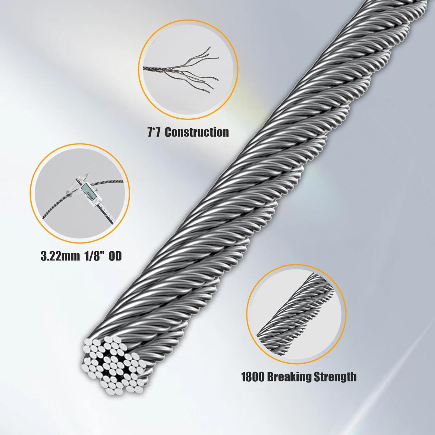 100F 1/8" Stainless Steel Cable,Wire Rope with Cutter 7x7 Strands,1800 lb Breaking Strength, T316 Aircraft Cable for Deck Railing, Stair, Fence, Silver