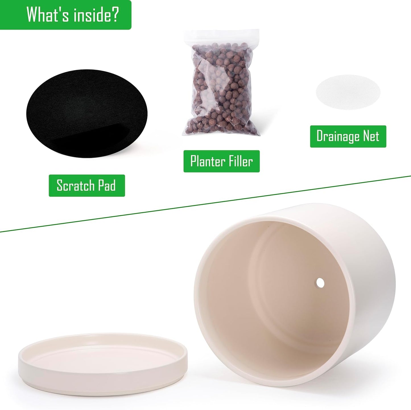 D'vine Dev 14 Inch Ceramic Planter Pot with Drainage Hole and Saucer, Indoor Cylinder Round Planter Pot, Oatmeal, 94-O-G-8