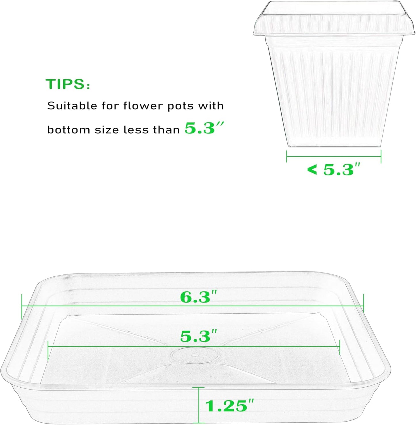 4 Pack Square Plant Saucer Tray 6 inch, 6 8 10 12 14 16 18 20 inch Heavy Duty Plastic Square Plant Saucers for Indoors Outdoor, Flower Planter Drip Trays for Pots, Seed Starting Tray
