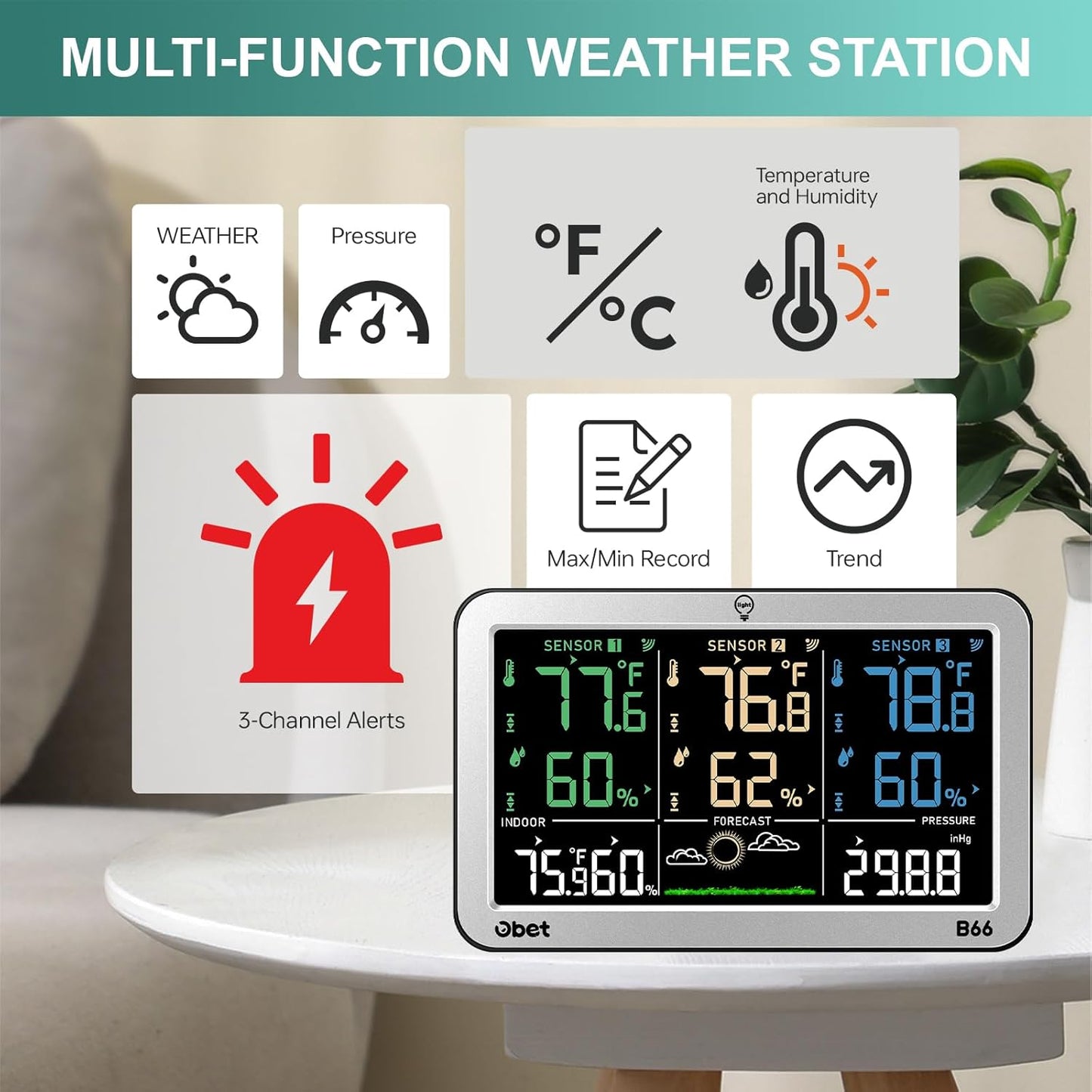 Weather Stations with 3 Sensors Indoor Outdoor Thermometer Wireless Large Display Adjustable Backlight with 500 feet Range Silver