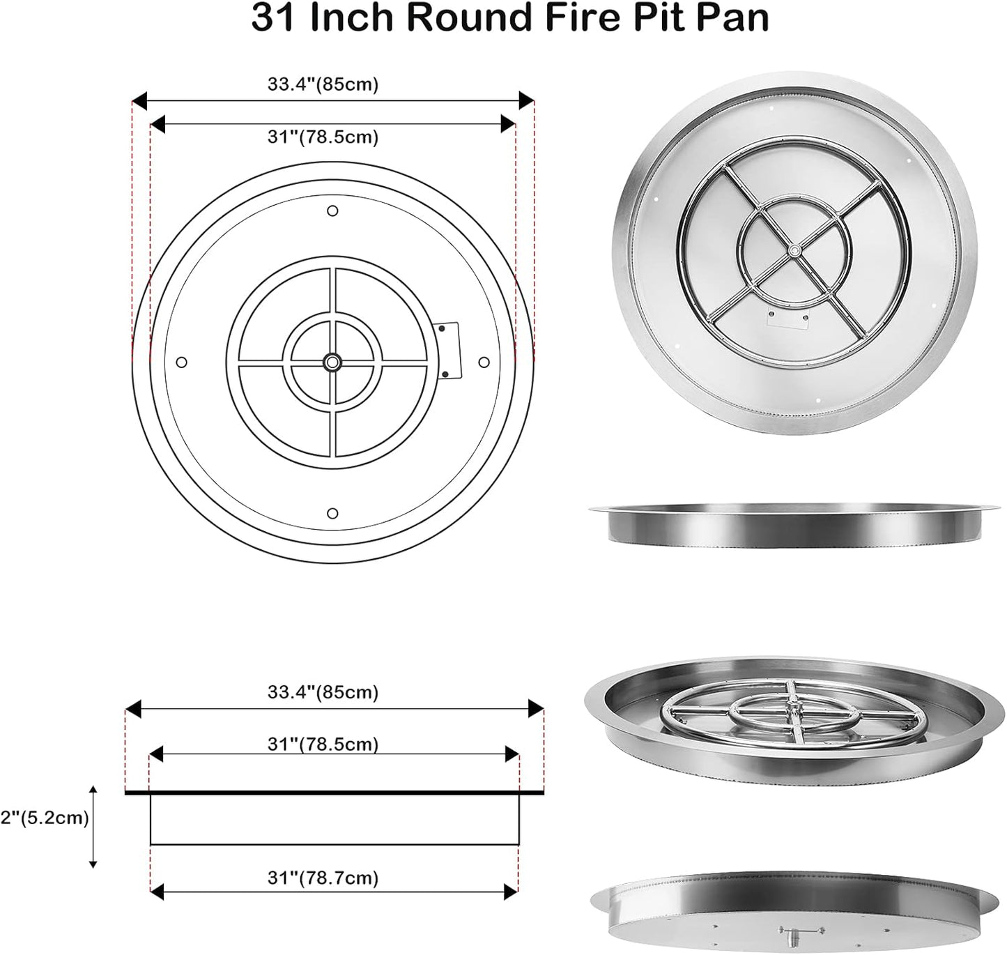 Stanbroil 31-Inch Round Fire Pit Burner Pan, Drop-in Fire Pit Insert for Natural & Propane Gas Firepit Table, Stainless Steel, BTU 296,000 Max