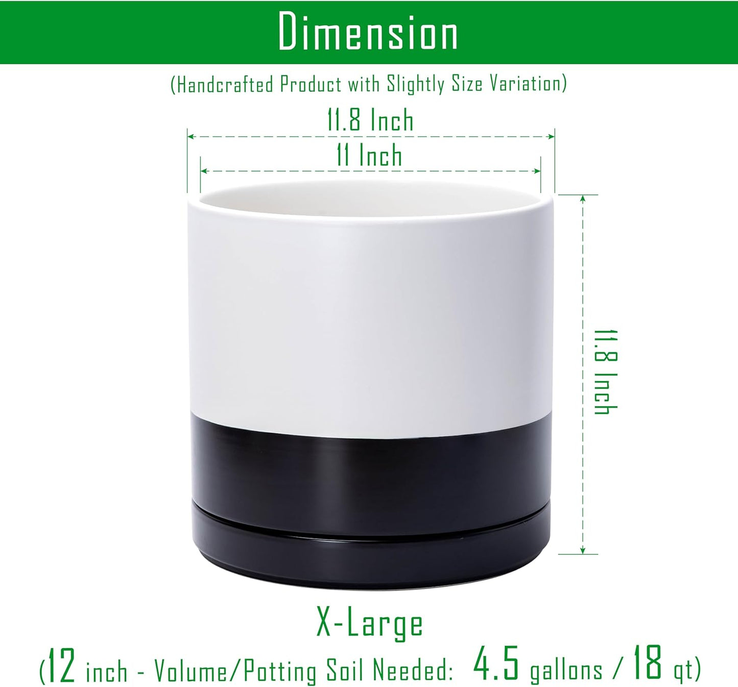 D'vine Dev 12 Inch Ceramic Planter Pot with Drainage Hole and Saucer, Indoor Cylinder Round Planter Pot, Layered Monochrome Black & White, 94-O-F-L