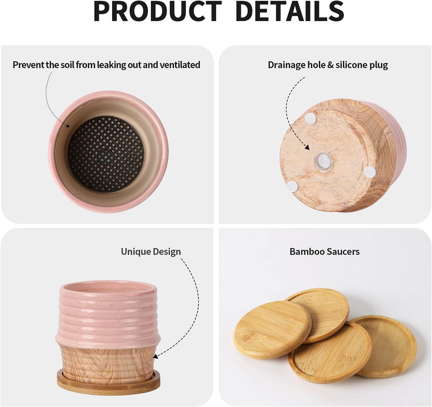 OMAYKEY 4 Inch Ceramic Plant Pot with Saucer, Water Transfer Printing Grain Planters Pots with Drainage Hole & Mesh Pads for Succulent, Indoor Flowers, Snake Plants, Cactus, Herbs, Set of 4