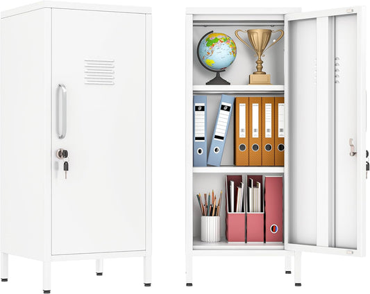 35" Metal Storage Locker, Lockable Employees Metal Locker with Door and Adjustable Shelves, Steel Locker for Home, School, Office, Gym (White)