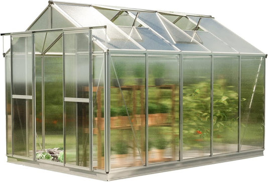 Greenhouse Saphir 5 Aluminum Frame 8.5 x 10.6 ft Approx. 6 mm Polycarbonate Panels - with Bonus Base Frame and Automatic Vent Opener
