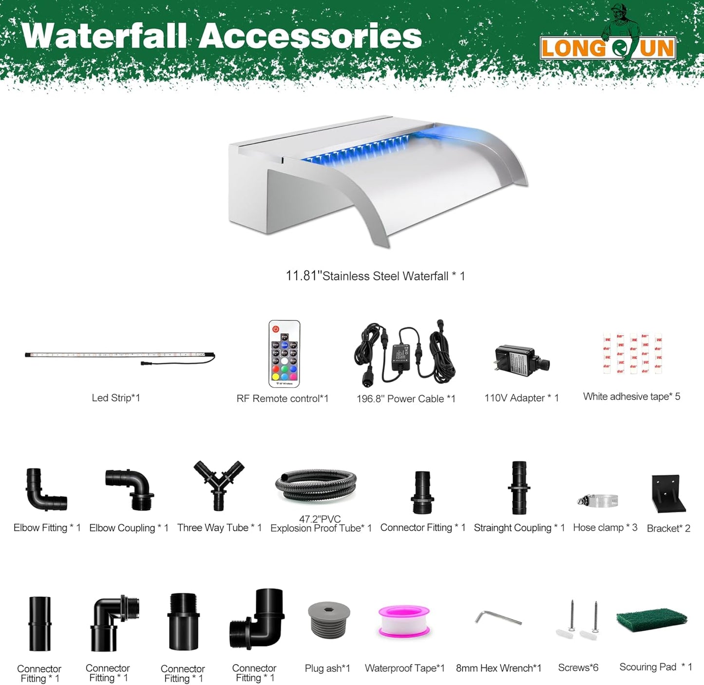 LONGRUN Pool Fountain Stainless Steel Outdoor Pond Spillway Waterfall with Wider Water Flow Platform Multi-Color LED Light Spray Indoor Waterfall Fountains for Garden-11.8"